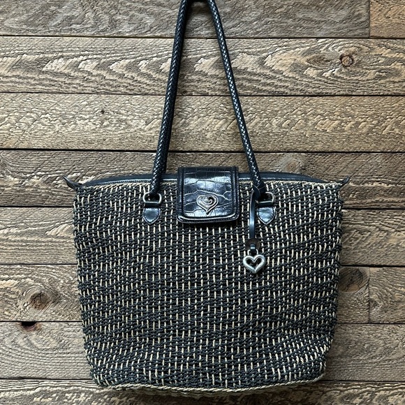 Brighton Woven Straw Tote Bag with Croc-Embossed Leather Trim & Heart Charm - Picture 8 of 12